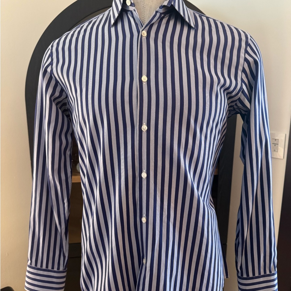 Hugo Boss Navy and White Striped Dress Shirt